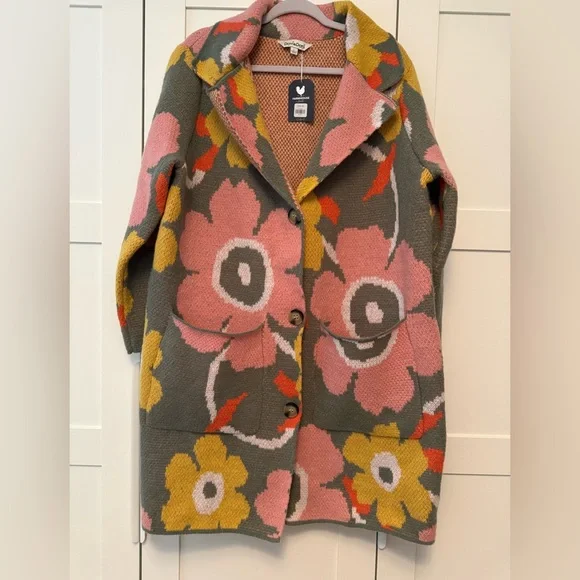 Davi & Dani NWT Hippie Bohemian Pink Floral Knit Coatigan, L - Picture 1 of 10